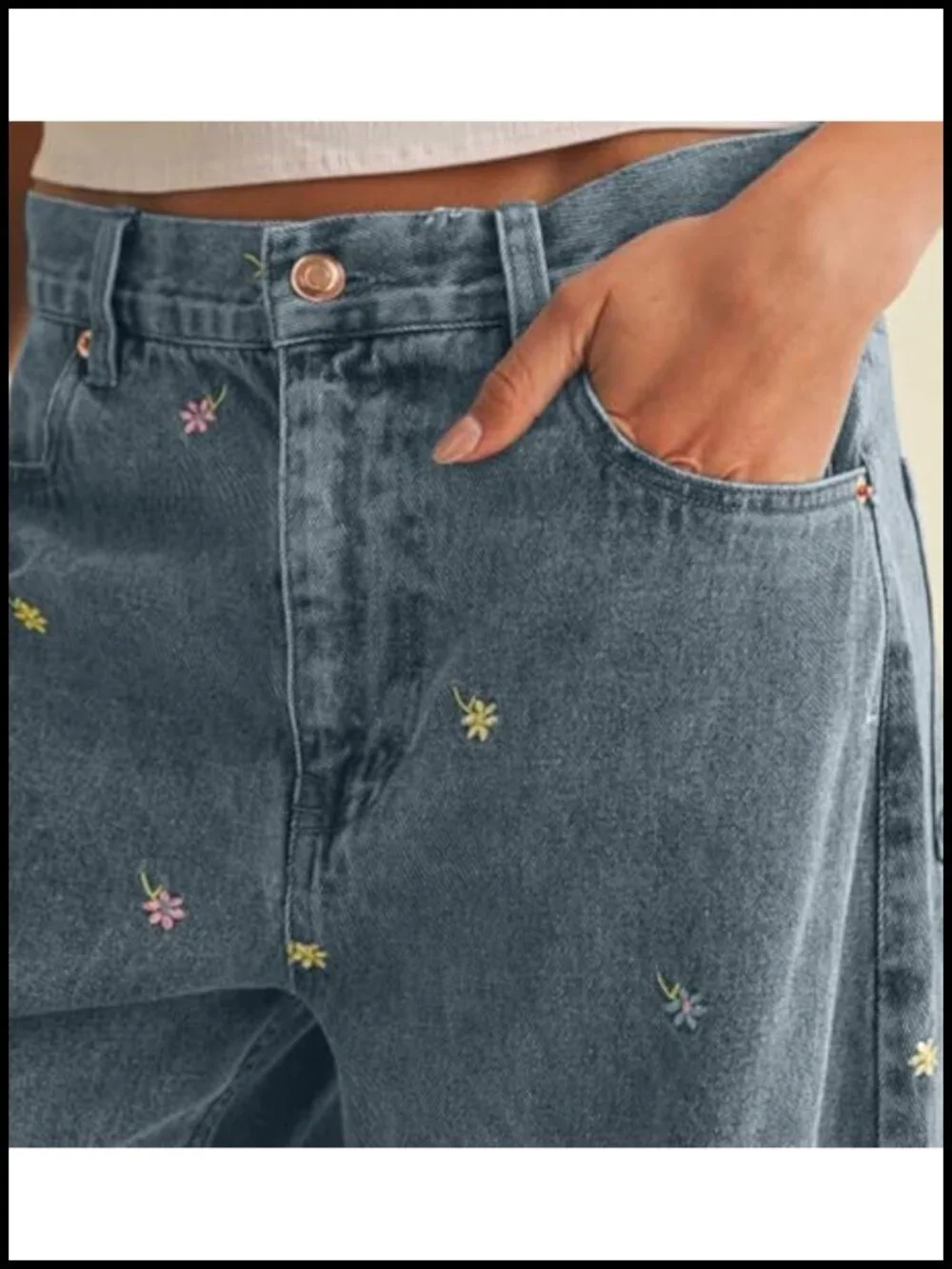 Embroidered Barrel Jeans Baggy Wide Leg Y2K Denim Ankle Pants Patchwork